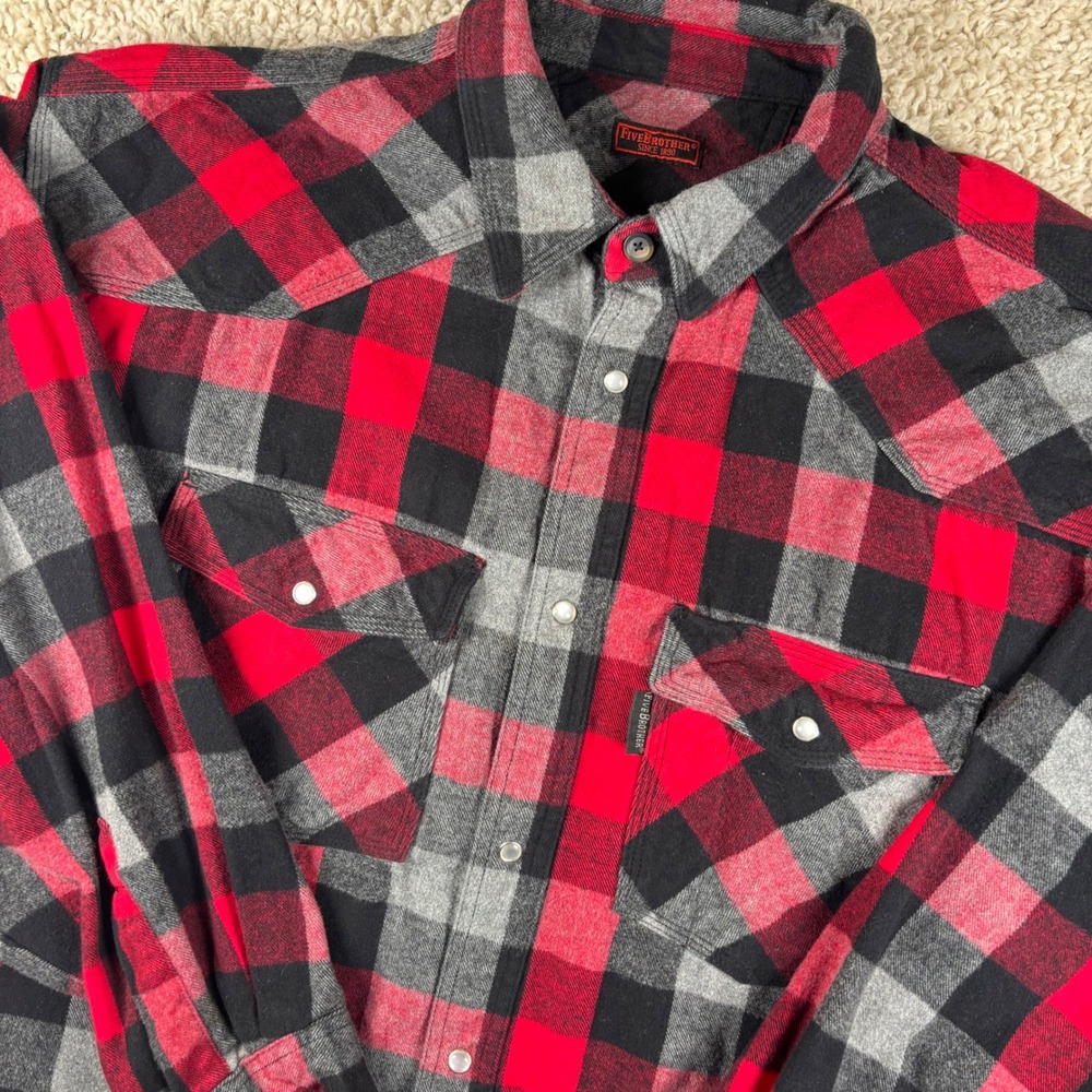 Five‎ Brother Mens Flannel Shirt 3XL-B Red Black Grey Plaid Western Pearl Snap